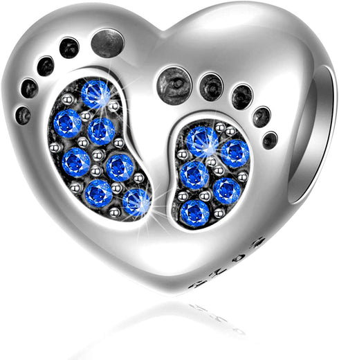 Bracelet Baby Footprints Charms - 925 Sterling Silver Pendant, Heart Birthstone plated Crystals - Mini Beads Fit Charm Bracelets, Necklaces, and European Snake Chains, Gift to New Mom and Child.