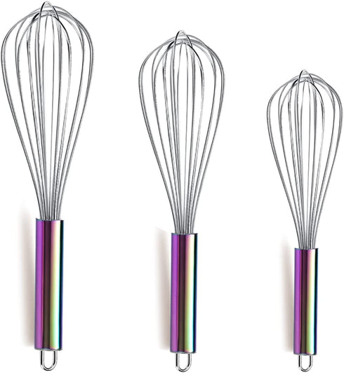 Berglander Rainbow Handle Whisk Pack of 3 Stainless Steel 8",10",12", Titianium Plating Colorful Handle Whisks for Cooking, Beater,Wire Whisk Set Kitchen Wisk (Rainbow Handle)
