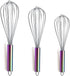 Berglander Rainbow Handle Whisk Pack of 3 Stainless Steel 8",10",12", Titianium Plating Colorful Handle Whisks for Cooking, Beater,Wire Whisk Set Kitchen Wisk (Rainbow Handle)