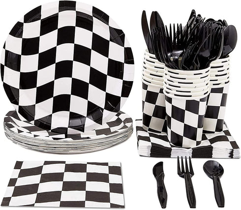 Racecar Dinnerware Set for Kid's Birthday Party, Checkered Design (Serves 24, 144 Pieces)