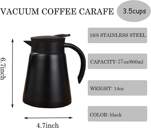 27oz Stainless Steel Thermal Coffee Carafe Thermos with Handle, Double Walled Vacuum Insulated Pot for Hot Water, Tea, Coffee, 12 Hour Heat Retention, 800ml (Black)