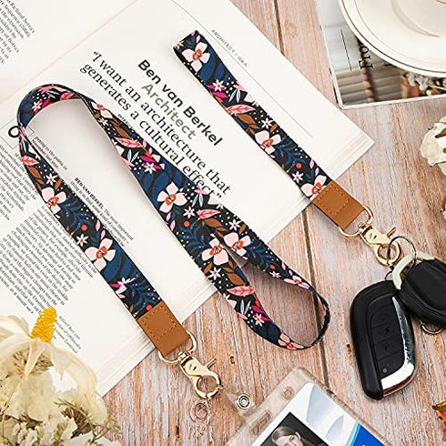 Wrist and Neck Lanyards for ID Badge Keys for Women Kids Teacher 2 Pack?Cute Car Key Neck Lanyards with 4 Keychain Multicolor Flower Pink