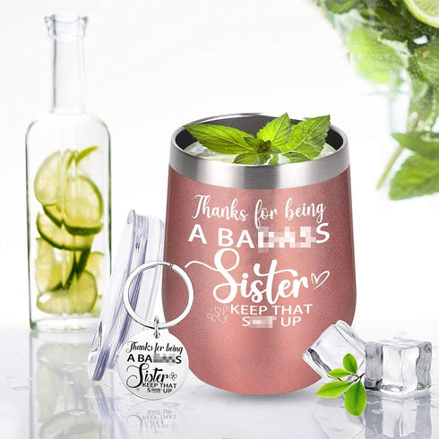 Birthday Gifts for Sister from Sister Brother Thank You Goodbye Farewell Wine Tumbler Christmas Mothers Day Gift for sister in Law Soul Sister Glitter Wine Cup Gift Set Keychain Lid Straw