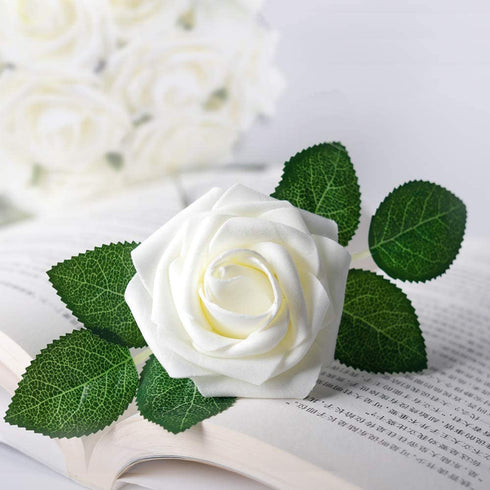 Mocoosy 50Pcs Artificial Flowers Rose, Ivory White Fake Roses for Decorations, Real Looking Foam Rose Bulk with Stems for DIY Wedding Bouquets Centerpieces Floral Arrangements Mothers Day Party Home Decor