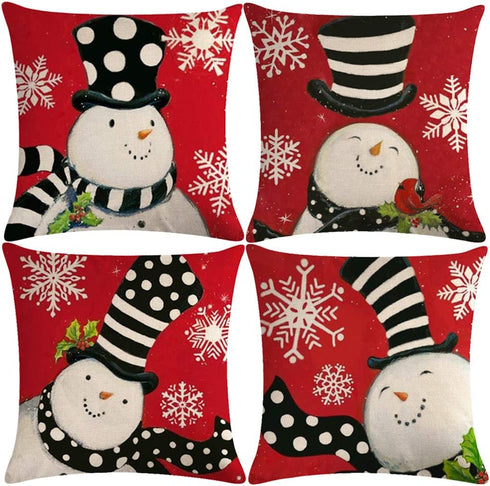 7COLORROOM Set of 4 Christmas Red Pillow Cover Lovely Snowman Festival Throw Cushion Cover Home Decorative Winter Cotton Linen Pillowcases 18" x 18"(Snowman)