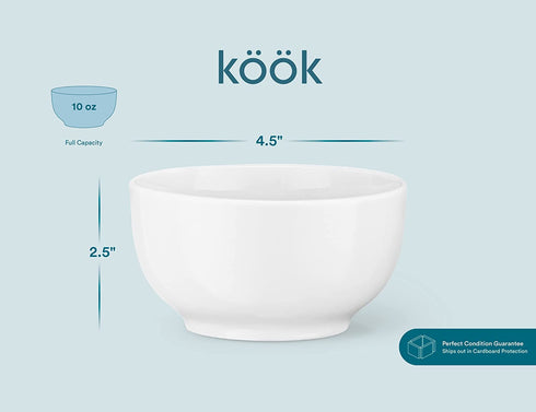 Kook Ceramic Prep & Dip Kitchen Bowls, For Ingredients, Cereal, Soup, Rice, Dessert, Microwave & Dishwasher Safe, 10 oz, White, Set of 6
