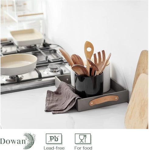 DOWAN Kitchen Utensil Holder, Ceramic Utensils Crock with Table-Protection Cork Mat, Cooking Utensil Holder for Kitchen Décor, Easy to Clean, Black