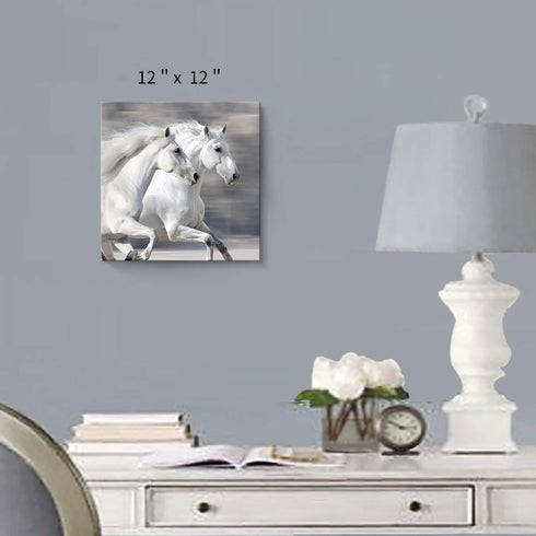 Hardy Gallery White Horse Picture Wall Art: Running Animal Artwork Painting Print on Wrapped Canvas for Bedroom (12'' x 12'')