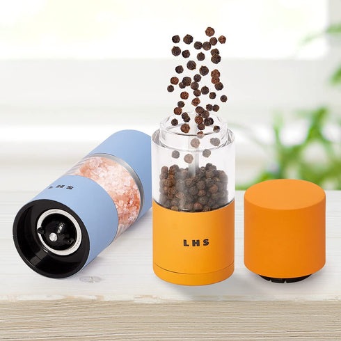 LHS Premium Salt and Pepper Grinder Set, Stainless Steel Salt Pepper Shakers Set, Refillable Refillable Spice Mills with Adjustable Coarseness for Kitchen Use - 4.6 Inches(Set of 2, Blue & Orange)
