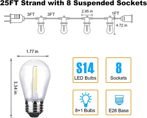 WOOLZ 25FT Led Outdoor Patio Lights with 8+1(Spare) 1W Dimmable Shatterproof S14 Bulbs, Waterproof Outdoor String Lights for for Party, Patio, Garden, Porch and Wedding.