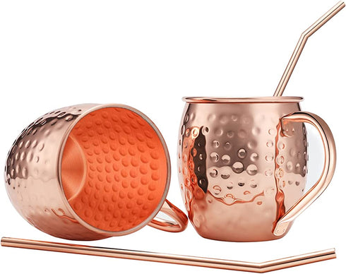 Moscow Mule Copper Mugs, Beer Glasses, Gift Set of 2, 16 oz, Food Safe HandCrafted Hammered Mug Pure Solid Copper Beer Mugs Wine Tumbler Cups, xmas Gift Set With 2 Cocktail Copper Straws