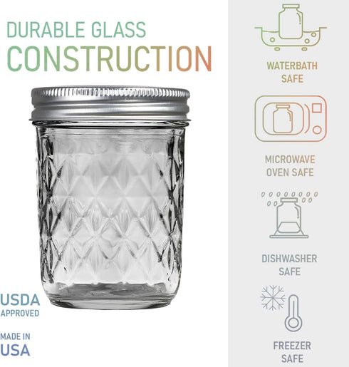 Ball Mason Quilted Crystal Jars 8 oz Regular Mouth Glass Bundle with Non Slip Jar Opener- Set of 6 Half Pint Size Mason Jars - Canning Glass Jars with Lids