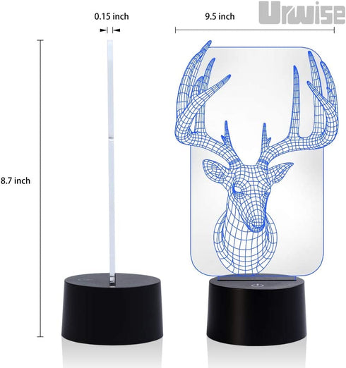 Elk Deer 3D Optical Illusion Night Lights, 7 Color Variations, Smart Touch Button USB and Battery Power, Amazing Creative Art Design for Children's 3192