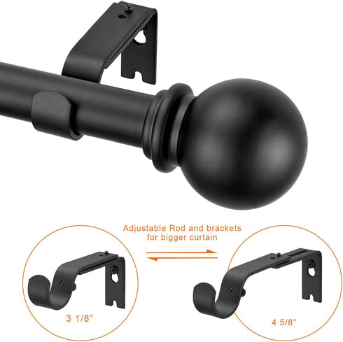 Yun Nephele Adjustable Window Curtain Rods 36-72 inches Matte Black, Classic Ball Finial Design Curtain Rod Set, Single Metal Iron Drapery Rod, 1 inch Heavy Duty Curtain Rod