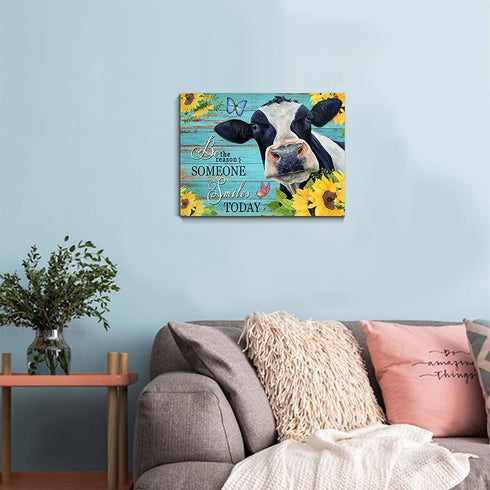 Qute Cow Flower Picture Canvas Print Motivational Quotes Wall Decor Art Sunflowers Animal on Green Wood Board Painting Modern Artwork for Bathroom Living Room Office Decoration, Framed 1 pcs 12x16