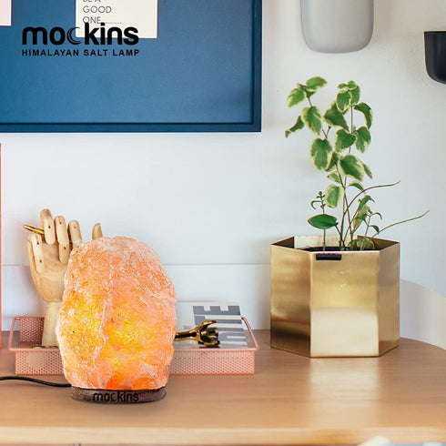 Mockins 6-8" Tall 5-7 lbs Natural Hand Carved Himalayan Salt Lamp with Dimmer Cord & Beautiful Wood Base - Includes Extra Light Bulb | Authentic from The Himalayan Mountains in Pakistan