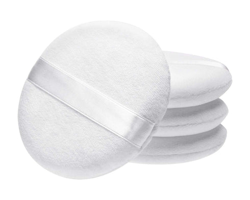 Shapenty 4PCS Soft Large Round Loose Powder Puff Pad Washable Velour Smooth Bath Body Powder Puff With Ribbon Band Handle for Women Men Face Neck Makeup (4Inch, White)