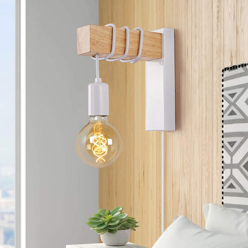 VANSINTEK LED Wall Sconce, E26 Wall Lamp for Bedroom Bedside Reading Sconces Industrial Wall Mounted Lighting Modern Wood White with On/Off Switch Decor Wall Lamp with Plug in Cord(Bulb Excluded)