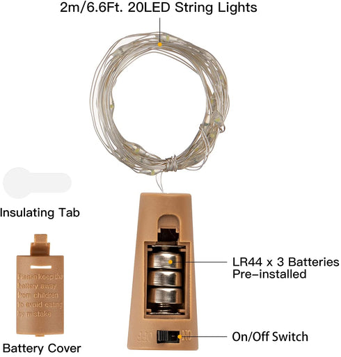Wine Bottle Lights with Cork, Twinkle Lights 12 Pack 20 LED Waterproof Battery Operated Cork Lights, Silver Wire Mini Fairy Lights for Liquor Bottles DIY Party Bar Christmas Holiday Wedding D©cor