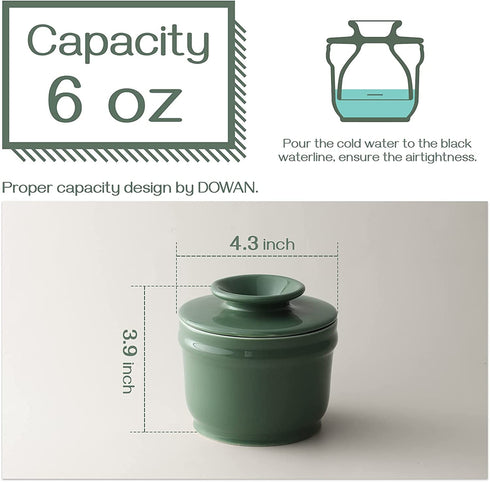 DOWAN Porcelain Butter Crock, Butter Keeper with Water Line, French Butter Dish for Soft Fresh Butter, Butter Container with Lid, No More Hard Butter, Green