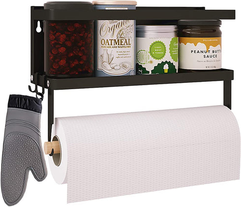 Magnetic Paper Towel Holder for Refrigerator,2-in-1 Foldable Magnetic Shelf Wall Mount Towel Rack with Hooks,Magnetic Spice Rack,Refrigerator Organizer for Kitchen (Black)