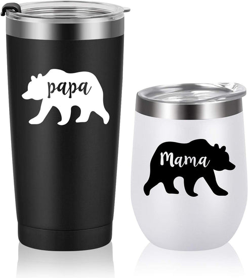 Gingprous Mama Bear, Papa Bear Set, Gifts for New Parents New Mom and New Dad Pregnancy Couples, Insulated Stainless Steel Wine Tumbler and Travel Tumbler with Lids(2 Pack, Black and White)