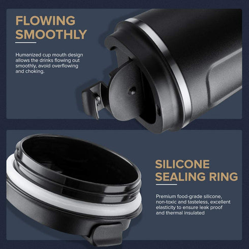 Lungogo Insulated Coffee Mug Travel Vacuum Coffee Cup Stainless Steel Double walled Reusable Coffee Tumbler with Leakproof Lid for Hot & Cold Drinks, 480 ML Black