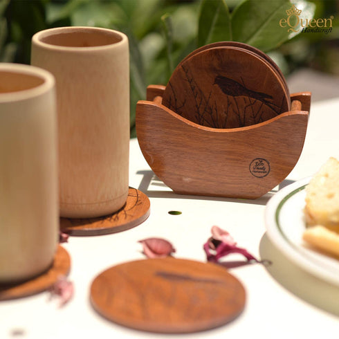Wooden Coasters for Coffee Table NOT Moisture Absorbing, Drink Coasters for Wooden Table, Natural Wooden Coasters with Holder, Table Coasters for Wood Table, 3.9 in Diameter, 7pcs