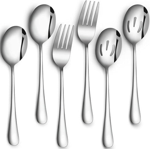 6 Pack Serving Spoons Set Includes 2 Serving Spoons 2 Slotted Serving Spoons and 2 Serving Forks Stainless Steel Buffet Dinner Restaurant Serving Spoons Set for Party Banquet, 8.7 Inch (Silver)