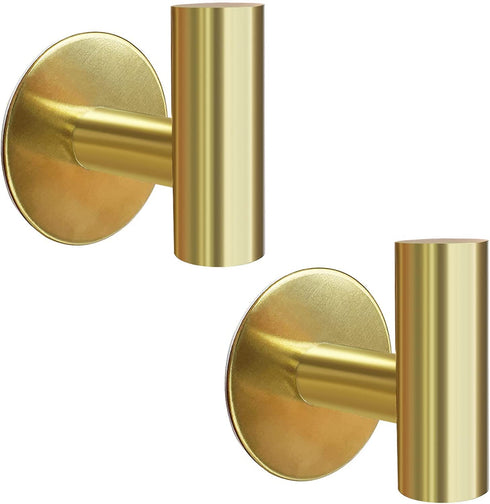 Biomoty Brushed Gold Adhesive Wall Hooks 2 Packs, Heavy Duty Sticky Towel Hooks for Bathroom Kitchen Door, Wall Mounted Stick on Hook for Coat Towels Keys Robe (Gold)