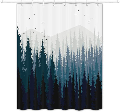 JAWO RV Shower Curtain Gradient Ombre Mountain Forest Landscape for Camper Trailer Camping Bathroom 47 X 64 Inches