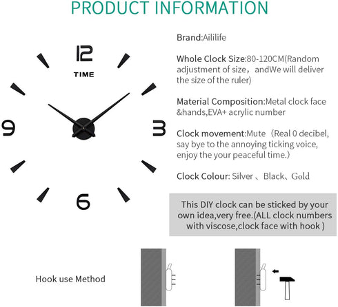 Aililife 3D DIY Wall Clock Decor Sticker Mirror Frameless Large DIY Wall Clock Kit for Home Living Room Bedroom Office Decoration (Black)