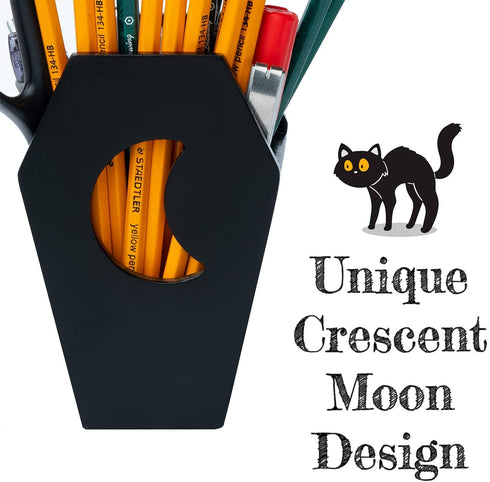 IRISVITA Small Coffin Pen Holder for Desk (Redesigned), Spooky Makeup Brush Holder, Gothic Decor for Home, Black Pencil Holder for Desk, Goth Room Decor, Mini Goth Vanity Organizer