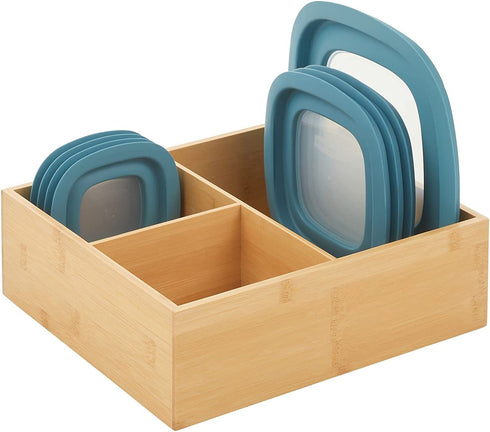 mDesign Bamboo Wood Kitchen Storage Bin Organizer for Food Container Lids and Covers - Use in Cabinets, Pantries, Cupboards - Large Divided Organizer with 3 Sections - 12" Long - Natural
