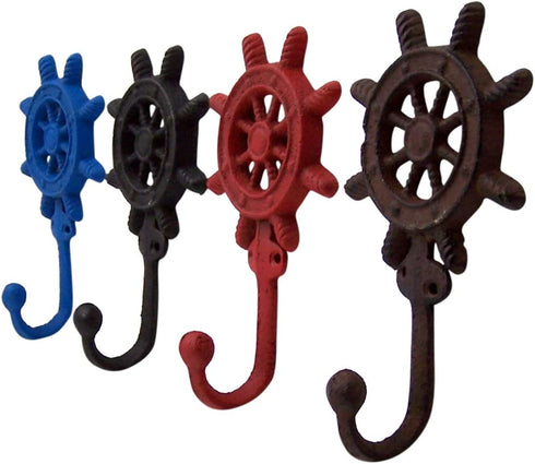 Wowser Rustic Brown, Red and Blue Cast Iron Ship Wheel Wall Hooks, Set of 4, 6 1/2 Inch