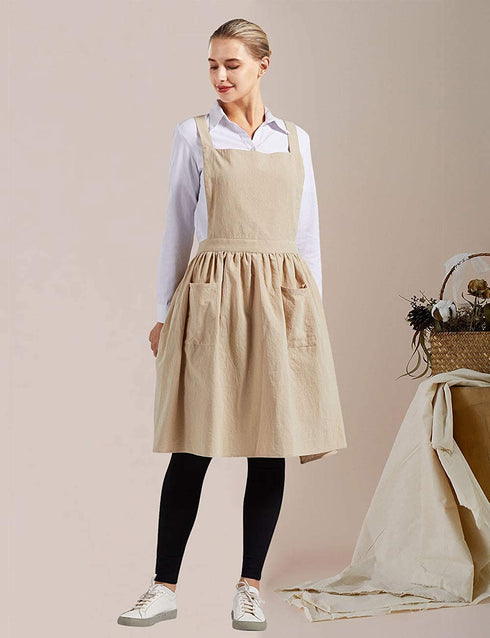 Nanxson Women Cotton Linen Bib Apron Cross Back Work Apron for Cooking,Baking,Crafting,Flower Arrangement CF3046