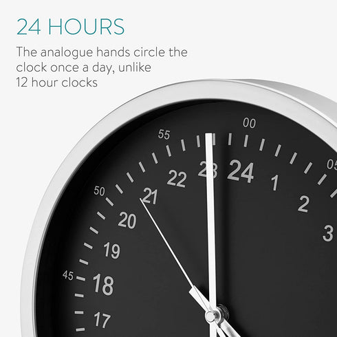 Navaris 24 Hour Wall Clock - 11.8" Analog Military Time Clock with Silent Movement Non-Ticking Hands - Battery Operated - Silver Frame with White Face