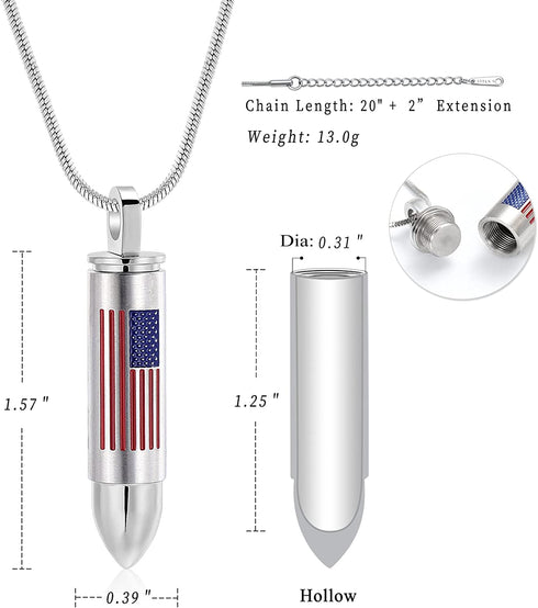 Bullet American Flag Teardrop Urn Necklaces for Man/Women Bullet Cremation Jewelry for Ashes, Stainless Steel Cremation Urns Memorial Keepsake Ashes Holder for Pets Dogs Cats