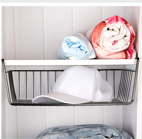 Undershelf Storage Basket Under Shelf Wire Basket Household Metal Under Shelf Hanging Storage Bin Basket Slides Under Shelves for Storage Space Saving for Kitchen Pantry Bookshelf (Small, 2 PCS)