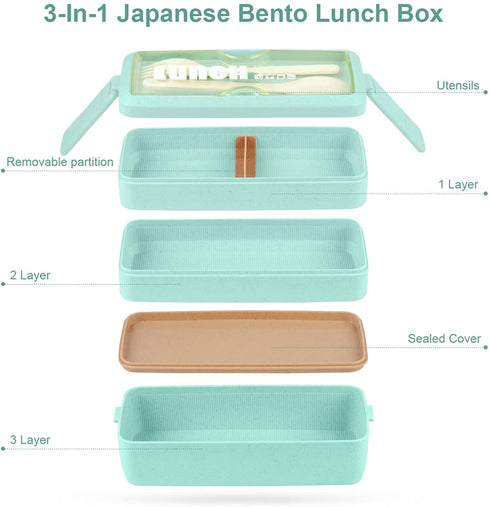 Bento Box Japanese Lunch Box Kit, HSYTEK Stackable Bento Boxes for Adult, Wheat Straw Bento Box with Utensils, Leakproof Lunch Container Kids Bento, Green Bento Box Microwave Safe -1000ml
