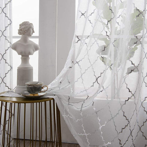 YJ YANJUN Sliver White Sheer Curtains for Bedroom 63 Inch Length - Moroccan Silver Print for Living Room Rod Pocket Window Drapes 52 x 63 Inch, 2 Panels, White Silver