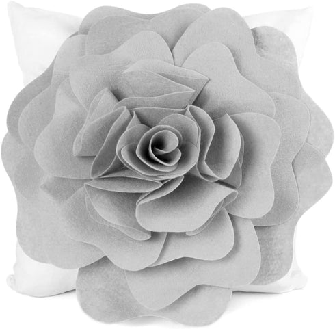 kilofly Home Decorative Throw Pillow Cover, 18" x 18", 3D Floral Grey, White