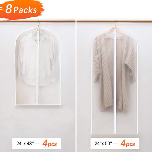Refrze Garment Bags with Zipper, Garment Cover, 8 Pack Clear Garment Bags, Hanging Garment Bag, Dress Garment Bags for Closet Storage or Travel, Breathable Garment Covers 24'' x 43''/ 50''