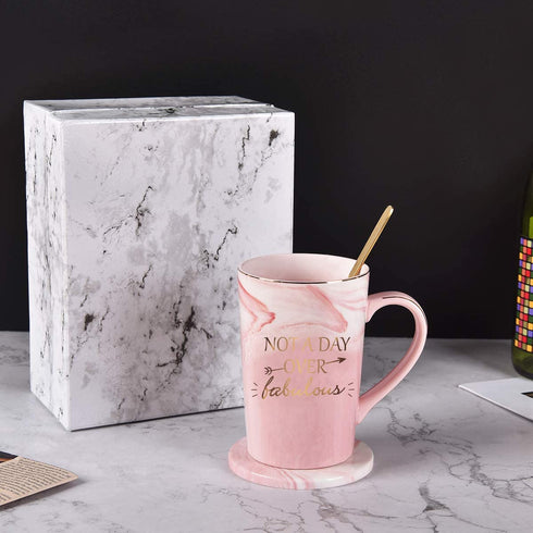 Not a Day Over Fabulous Coffee Mug Birthday Gifts for Women, Birthday Gift Ideas for Best Friends female, BBF, Her, Sister, Wife, Mom, Aunt Ceramic Marble Coffee Mug with Box Packing Pink 14OZ