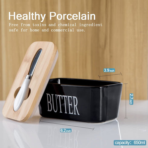 Hasense Porcelain Butter Dish with Bamboo Lid - Covered Butter Keeper with Butter Knife for Countertop, Airtight Butter Container with Cover for East West Coast Butter, Black