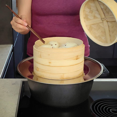 Mabeeze Steamer Ring Stainless Steel Adapter fits 8 to 13 inches Steamers and Pots, for Bamboo Baskets and Steamer Pots - 10 Paper Liners included