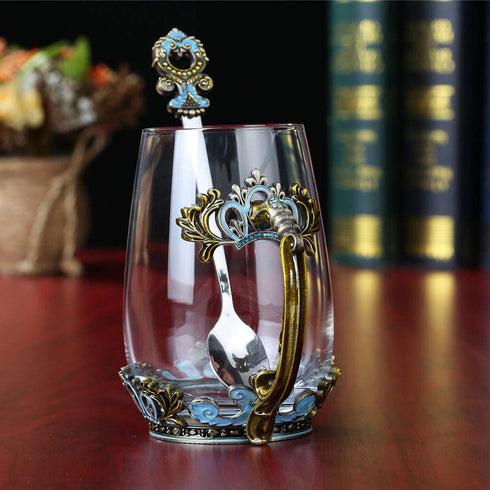 Glass Tea Mug, Mother™s Day Gifts Glass Tea Cup with Handle, Unique Crown Enamel Design for Christmas Wedding Birthday Gift Present Idea(Classical Green/12.5Oz)