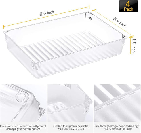 Kootek 4 Pack Large Size Desk Drawer Organizer Tray Rectangle Plastic Bathroom Organizers Kitchen Utensils Silverware Gadgets Trays Dividers Bins for Dresser Cosmetic Makeup Tools Office Cabinets