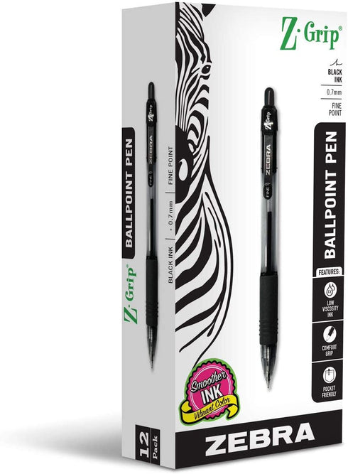 Zebra Pen Z-Grip Retractable Ballpoint Pen, Fine Point, 0.7mm, Black Ink, 12-Pack