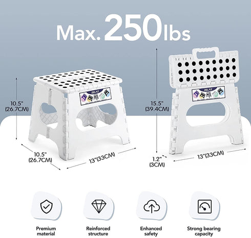 Delxo 11" Folding Step Stool for Kids and Adults,2Packs Non-Slip Foldable Step Stools with Handle,Plastic Portable Folding Stool for Bathroom,Bedroom,Kitchen,Hold up to 300lbs White